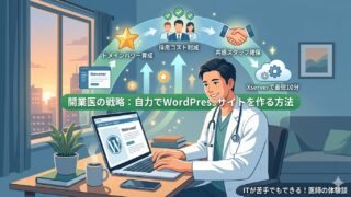 パソコンでWordPressサイトを作成する医師のイラスト。ドメインパワー、採用コスト削減、共感スタッフ確保のメリットを示す。